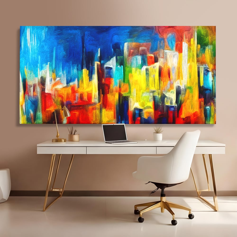 Tablou Canvas Premium LuxCanva® C1098, Downtown Painting Abstract ,Buildings, Abstract, Living Room, Bedroom, Relaxare, Culori Vibrante