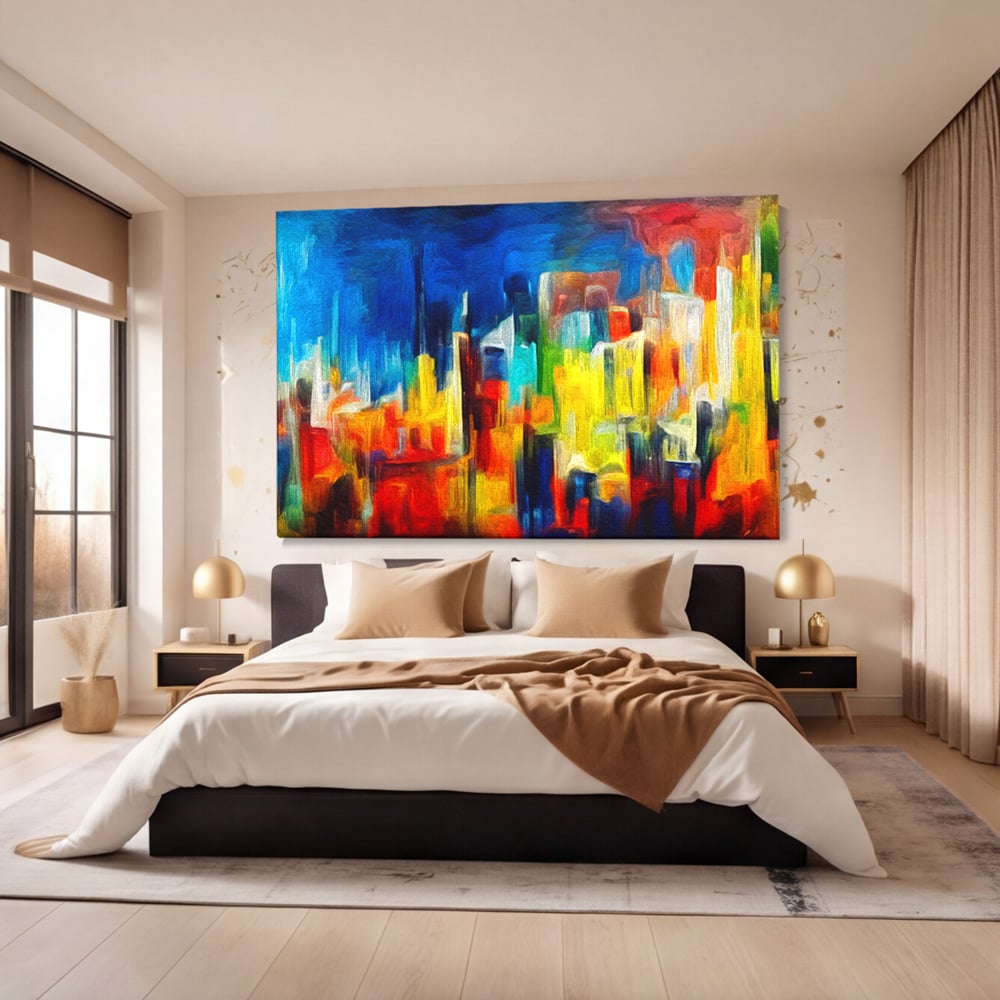 Tablou Canvas Premium LuxCanva® C1098, Downtown Painting Abstract ,Buildings, Abstract, Living Room, Bedroom, Relaxare, Culori Vibrante