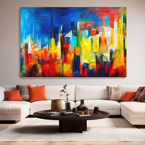 Tablou Canvas Premium LuxCanva® C1098, Downtown Painting Abstract ,Buildings, Abstract, Living Room, Bedroom, Relaxare, Culori Vibrante