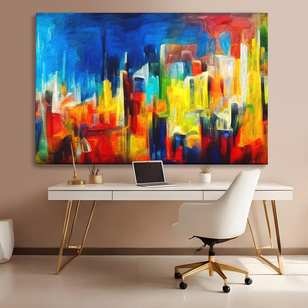Tablou Canvas Premium LuxCanva® C1098, Downtown Painting Abstract ,Buildings, Abstract, Living Room, Bedroom, Relaxare, Culori Vibrante