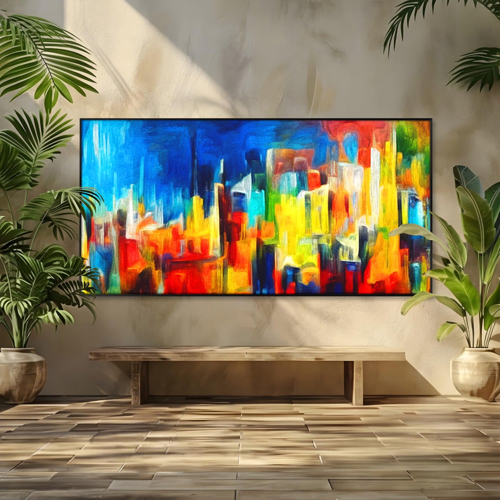 Tablou Canvas Premium LuxCanva® C1098, Downtown Painting Abstract ,Buildings, Abstract, Living Room, Bedroom, Relaxare, Culori Vibrante