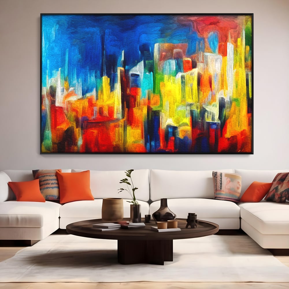 Tablou Canvas Premium LuxCanva® C1098, Downtown Painting Abstract ,Buildings, Abstract, Living Room, Bedroom, Relaxare, Culori Vibrante