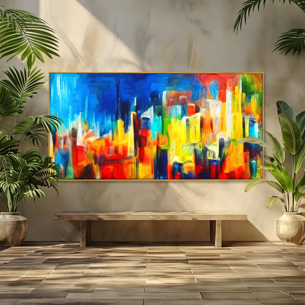 Tablou Canvas Premium LuxCanva® C1098, Downtown Painting Abstract ,Buildings, Abstract, Living Room, Bedroom, Relaxare, Culori Vibrante