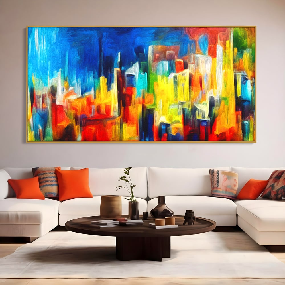 Tablou Canvas Premium LuxCanva® C1098, Downtown Painting Abstract ,Buildings, Abstract, Living Room, Bedroom, Relaxare, Culori Vibrante