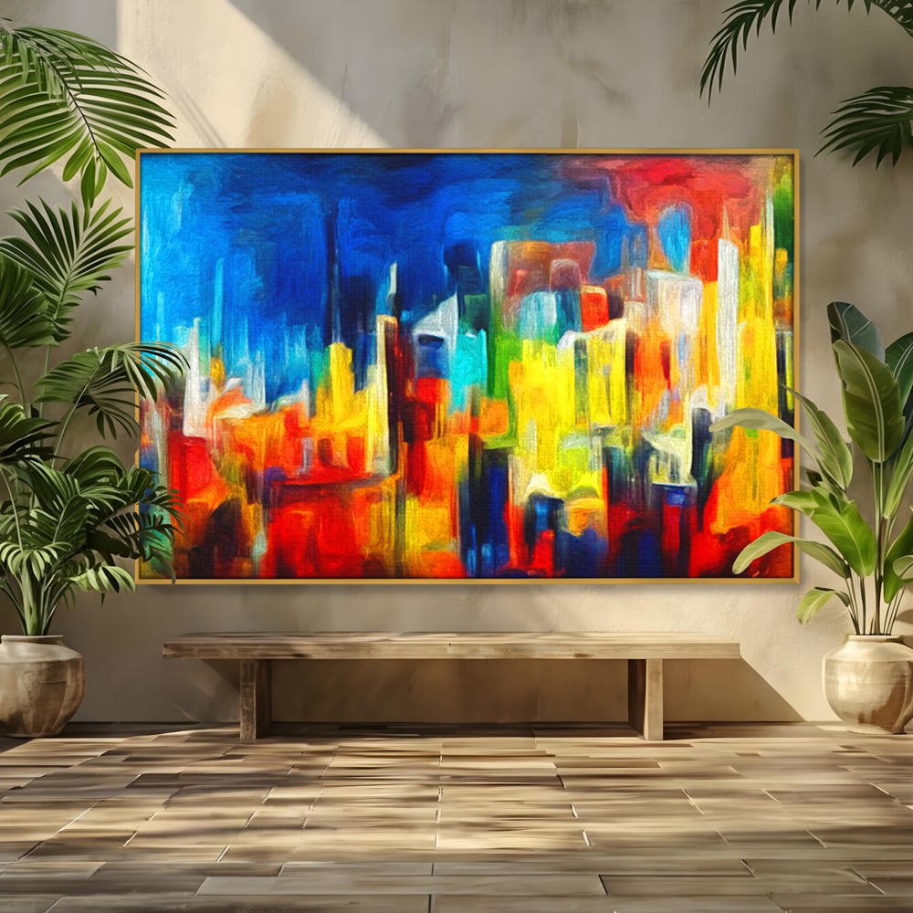 Tablou Canvas Premium LuxCanva® C1098, Downtown Painting Abstract ,Buildings, Abstract, Living Room, Bedroom, Relaxare, Culori Vibrante