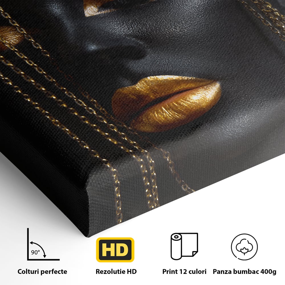 Leinwandbilder Premium LuxCanva® C1100, Mädchen in schwarzer und goldener Farbe, Mädchen, Schönheit, golden, Wohnzimmer, Schlafzimmer, entspannend, lebendige Farben