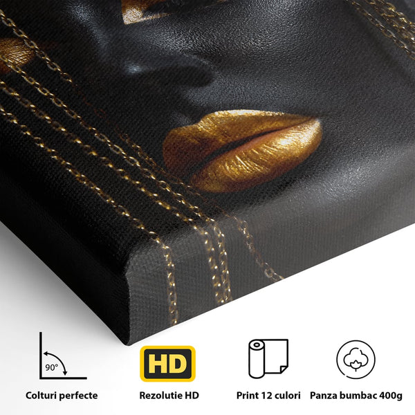Leinwandbilder Premium LuxCanva® C1100, Mädchen in schwarzer und goldener Farbe, Mädchen, Schönheit, golden, Wohnzimmer, Schlafzimmer, entspannend, lebendige Farben