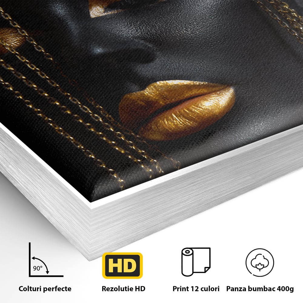 Leinwandbilder Premium LuxCanva® C1100, Mädchen in schwarzer und goldener Farbe, Mädchen, Schönheit, golden, Wohnzimmer, Schlafzimmer, entspannend, lebendige Farben