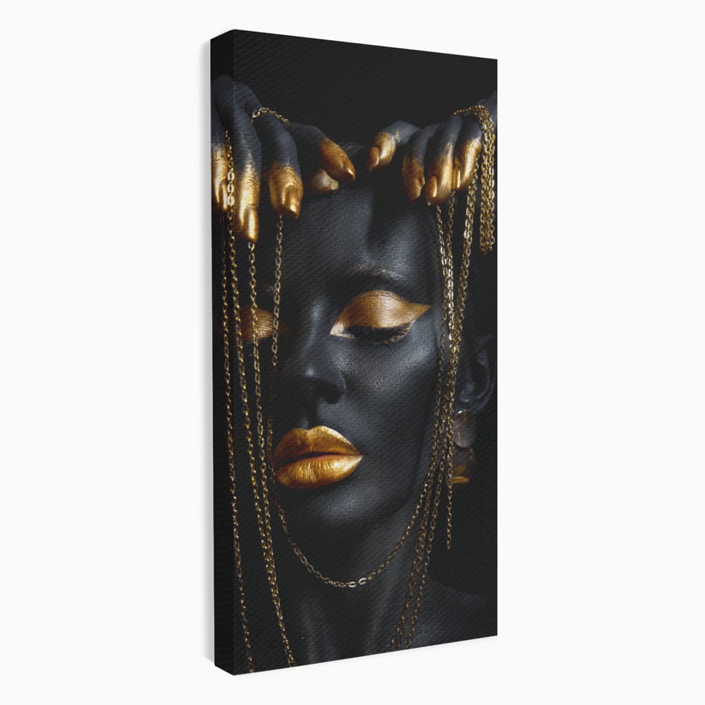 Leinwandbilder Premium LuxCanva® C1100, Mädchen in schwarzer und goldener Farbe, Mädchen, Schönheit, golden, Wohnzimmer, Schlafzimmer, entspannend, lebendige Farben