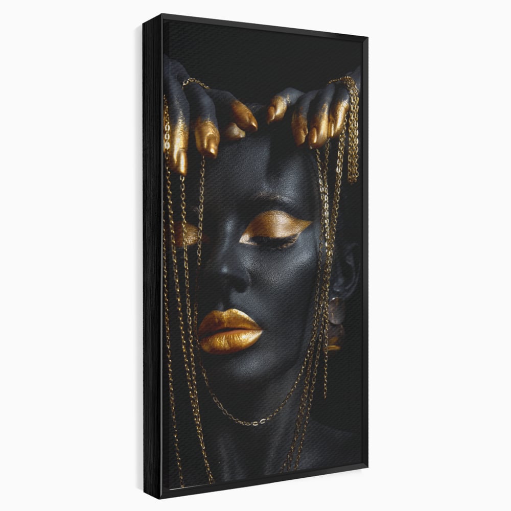 Leinwandbilder Premium LuxCanva® C1100, Mädchen in schwarzer und goldener Farbe, Mädchen, Schönheit, golden, Wohnzimmer, Schlafzimmer, entspannend, lebendige Farben
