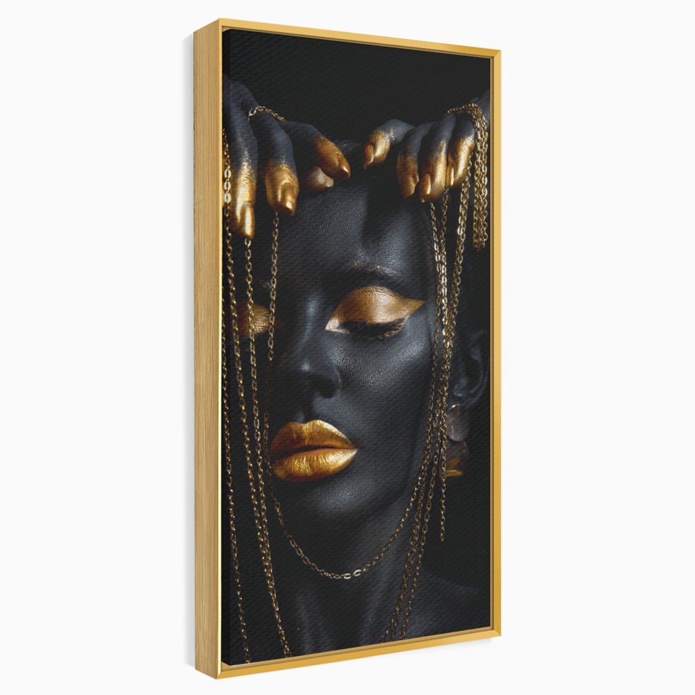 Leinwandbilder Premium LuxCanva® C1100, Mädchen in schwarzer und goldener Farbe, Mädchen, Schönheit, golden, Wohnzimmer, Schlafzimmer, entspannend, lebendige Farben