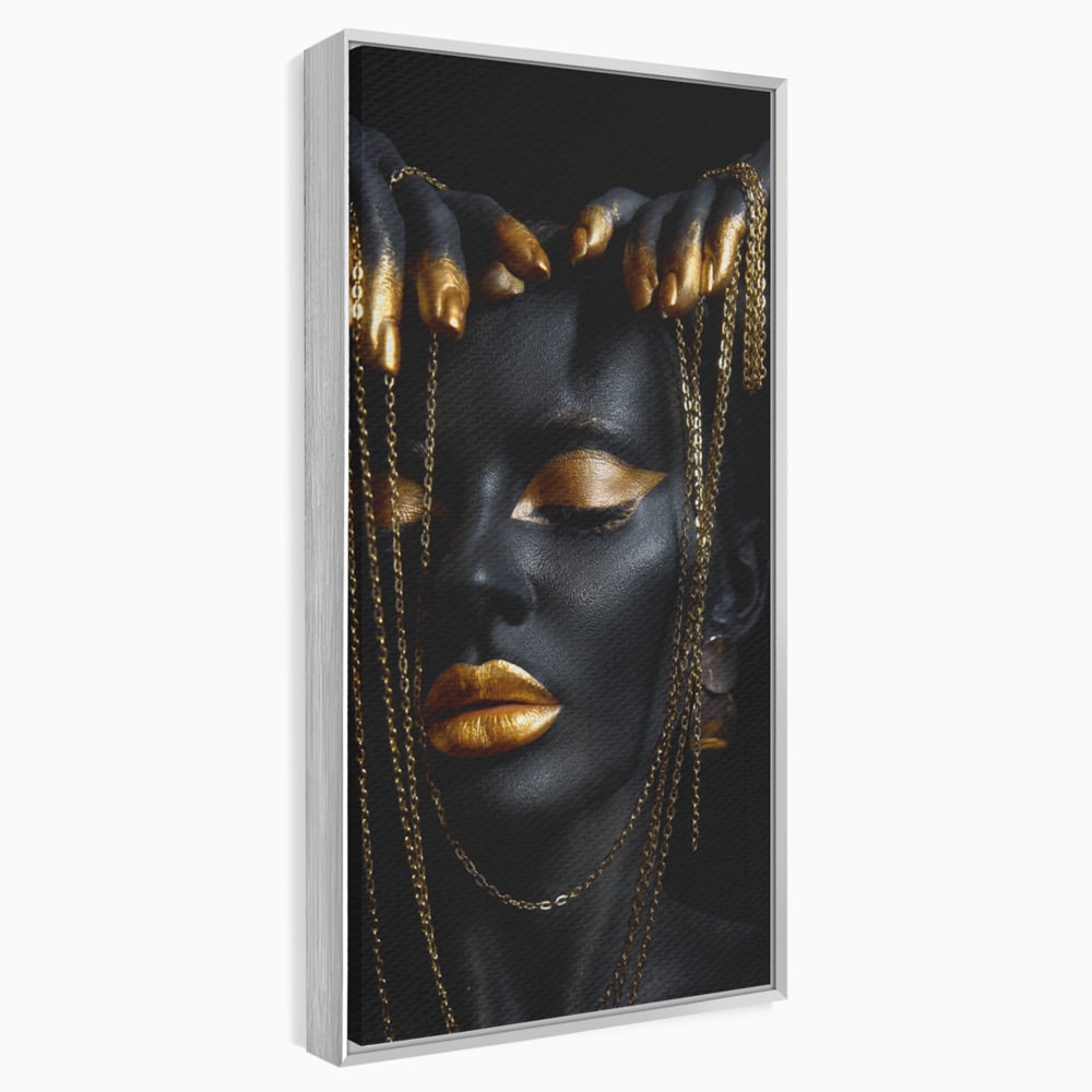 Leinwandbilder Premium LuxCanva® C1100, Mädchen in schwarzer und goldener Farbe, Mädchen, Schönheit, golden, Wohnzimmer, Schlafzimmer, entspannend, lebendige Farben