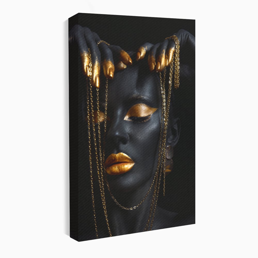Leinwandbilder Premium LuxCanva® C1100, Mädchen in schwarzer und goldener Farbe, Mädchen, Schönheit, golden, Wohnzimmer, Schlafzimmer, entspannend, lebendige Farben
