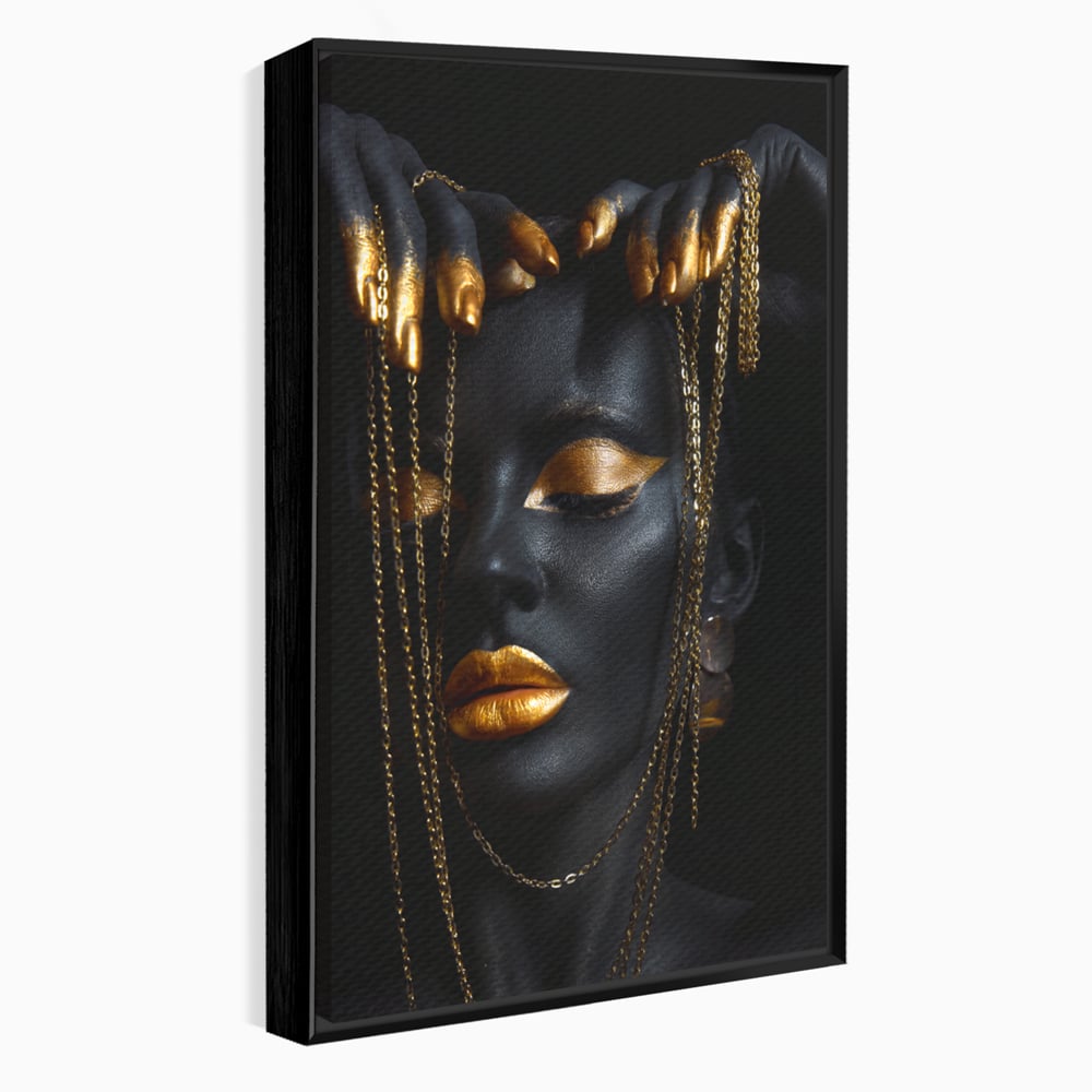 Leinwandbilder Premium LuxCanva® C1100, Mädchen in schwarzer und goldener Farbe, Mädchen, Schönheit, golden, Wohnzimmer, Schlafzimmer, entspannend, lebendige Farben