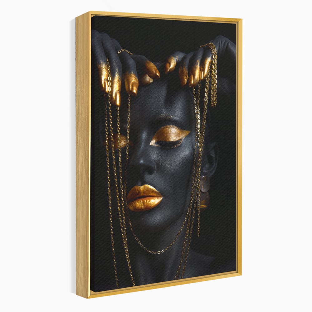 Leinwandbilder Premium LuxCanva® C1100, Mädchen in schwarzer und goldener Farbe, Mädchen, Schönheit, golden, Wohnzimmer, Schlafzimmer, entspannend, lebendige Farben
