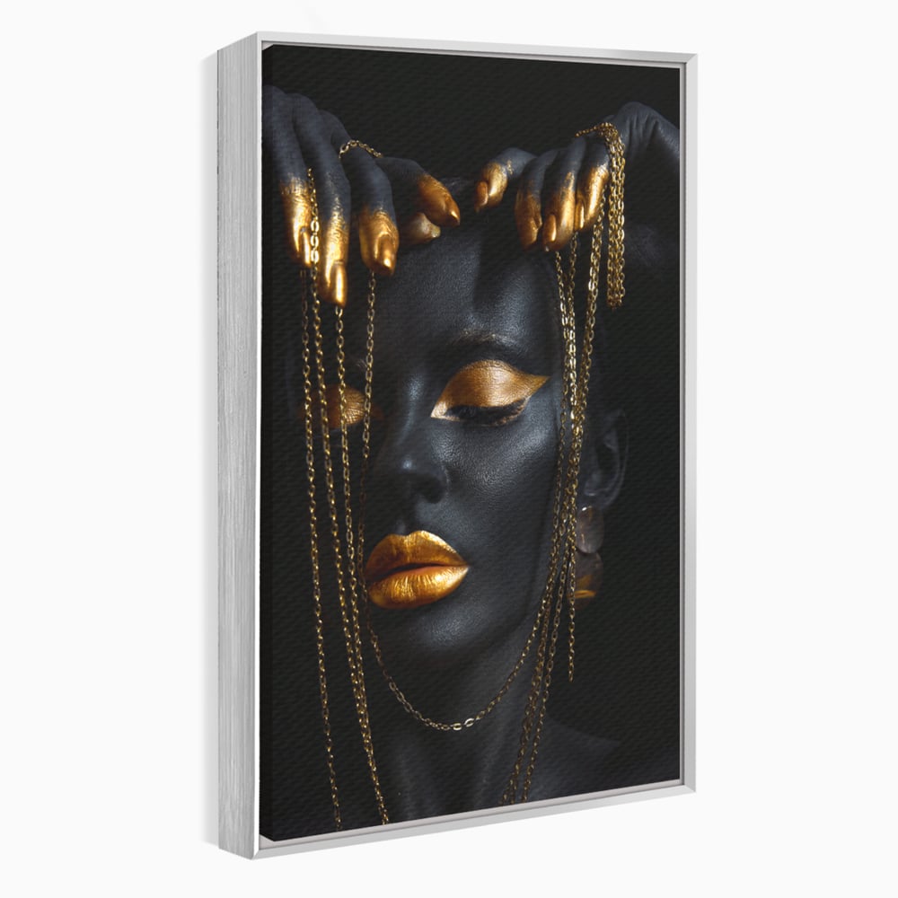 Leinwandbilder Premium LuxCanva® C1100, Mädchen in schwarzer und goldener Farbe, Mädchen, Schönheit, golden, Wohnzimmer, Schlafzimmer, entspannend, lebendige Farben