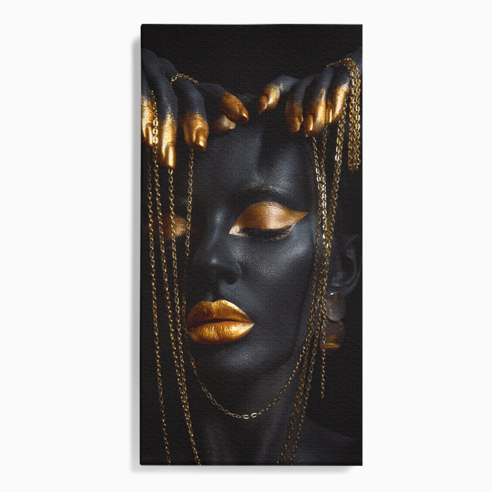 Leinwandbilder Premium LuxCanva® C1100, Mädchen in schwarzer und goldener Farbe, Mädchen, Schönheit, golden, Wohnzimmer, Schlafzimmer, entspannend, lebendige Farben