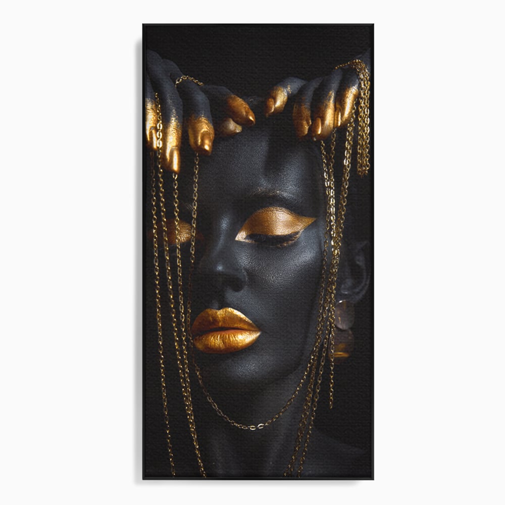 Leinwandbilder Premium LuxCanva® C1100, Mädchen in schwarzer und goldener Farbe, Mädchen, Schönheit, golden, Wohnzimmer, Schlafzimmer, entspannend, lebendige Farben