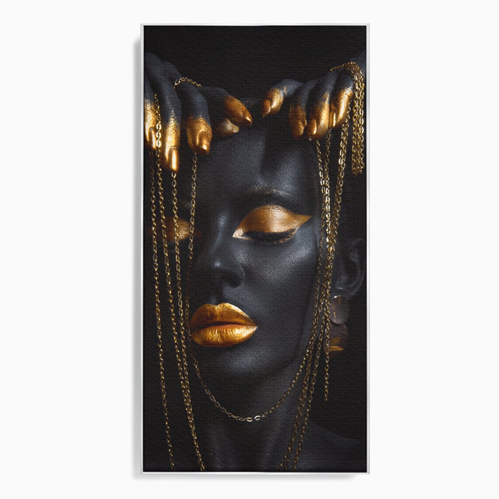 Leinwandbilder Premium LuxCanva® C1100, Mädchen in schwarzer und goldener Farbe, Mädchen, Schönheit, golden, Wohnzimmer, Schlafzimmer, entspannend, lebendige Farben