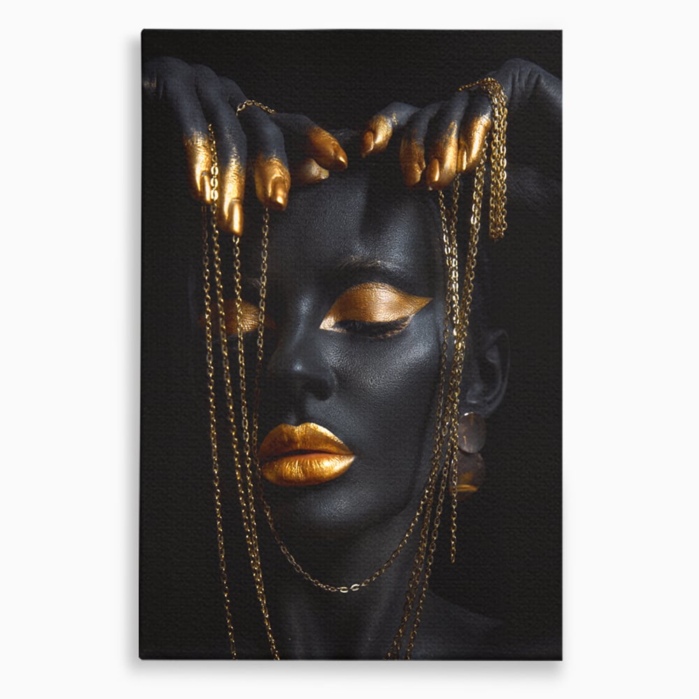 Leinwandbilder Premium LuxCanva® C1100, Mädchen in schwarzer und goldener Farbe, Mädchen, Schönheit, golden, Wohnzimmer, Schlafzimmer, entspannend, lebendige Farben