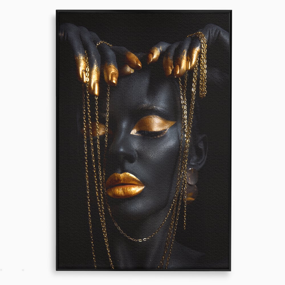 Leinwandbilder Premium LuxCanva® C1100, Mädchen in schwarzer und goldener Farbe, Mädchen, Schönheit, golden, Wohnzimmer, Schlafzimmer, entspannend, lebendige Farben