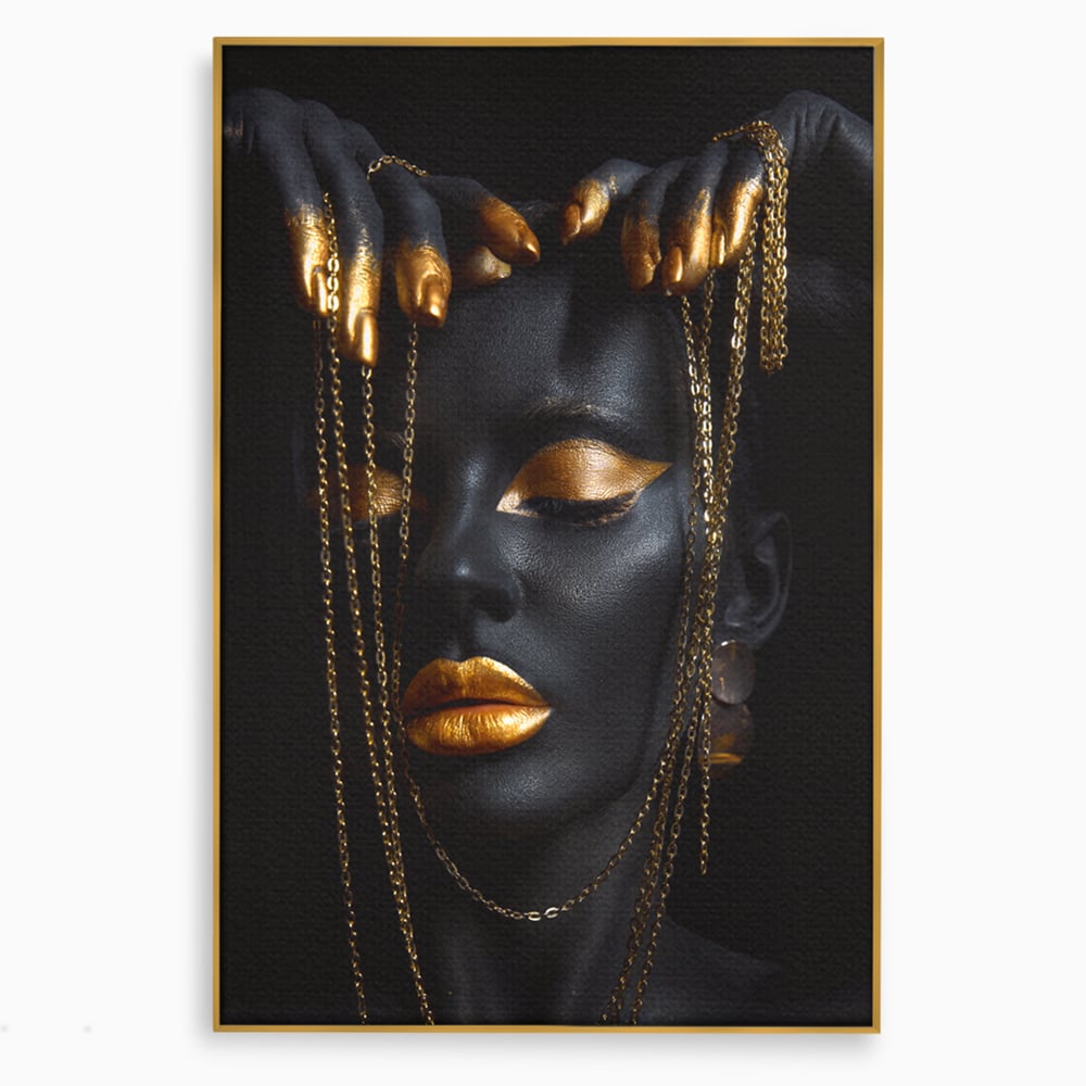 Leinwandbilder Premium LuxCanva® C1100, Mädchen in schwarzer und goldener Farbe, Mädchen, Schönheit, golden, Wohnzimmer, Schlafzimmer, entspannend, lebendige Farben