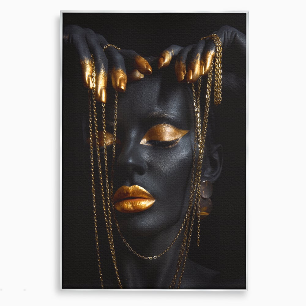 Leinwandbilder Premium LuxCanva® C1100, Mädchen in schwarzer und goldener Farbe, Mädchen, Schönheit, golden, Wohnzimmer, Schlafzimmer, entspannend, lebendige Farben