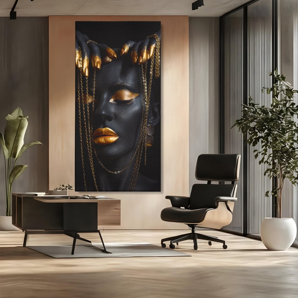 Leinwandbilder Premium LuxCanva® C1100, Mädchen in schwarzer und goldener Farbe, Mädchen, Schönheit, golden, Wohnzimmer, Schlafzimmer, entspannend, lebendige Farben