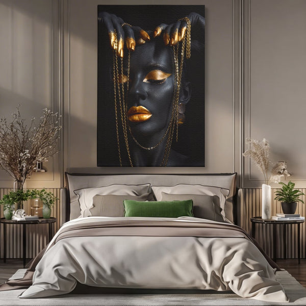 Leinwandbilder Premium LuxCanva® C1100, Mädchen in schwarzer und goldener Farbe, Mädchen, Schönheit, golden, Wohnzimmer, Schlafzimmer, entspannend, lebendige Farben