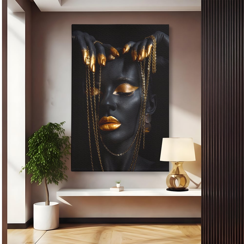 Leinwandbilder Premium LuxCanva® C1100, Mädchen in schwarzer und goldener Farbe, Mädchen, Schönheit, golden, Wohnzimmer, Schlafzimmer, entspannend, lebendige Farben