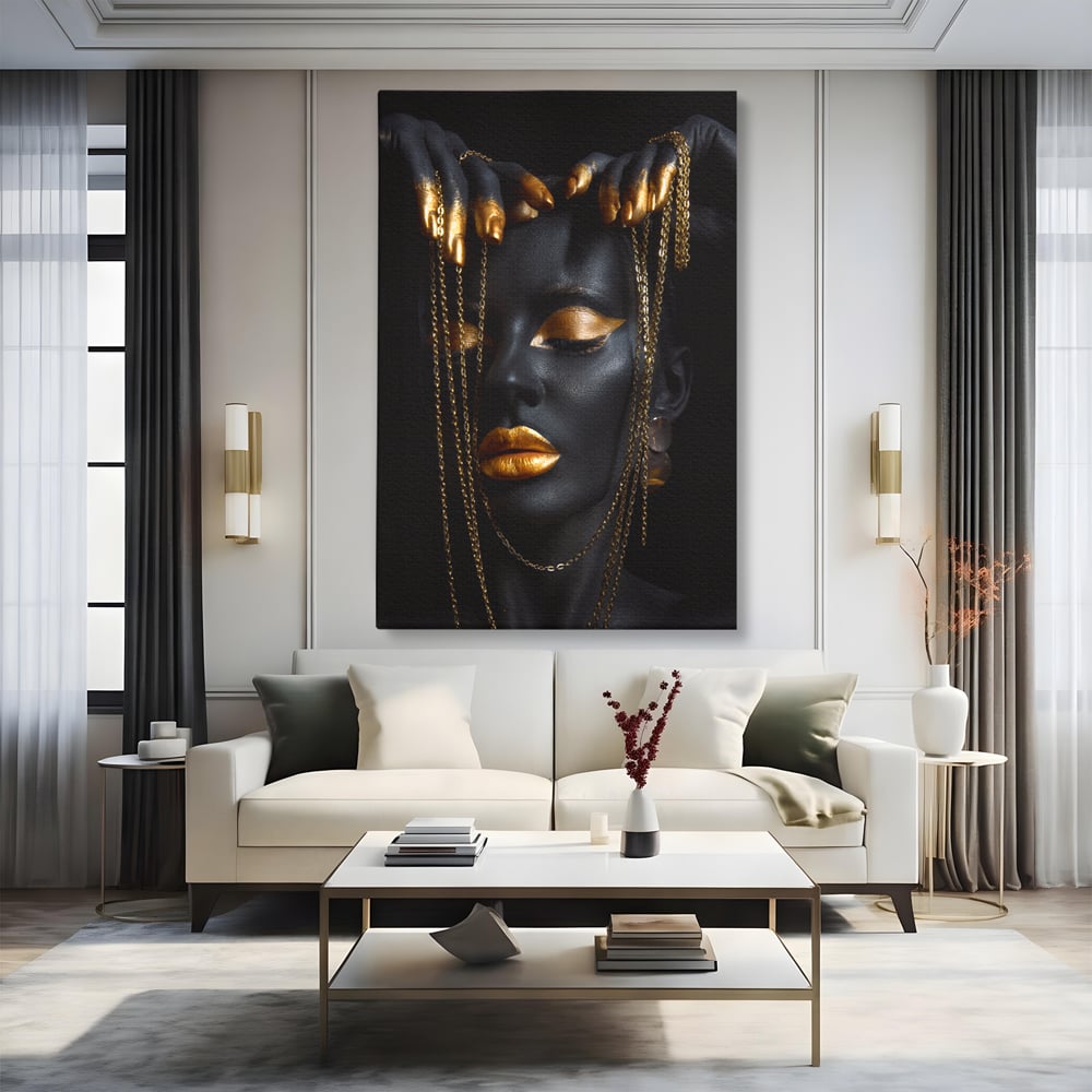 Leinwandbilder Premium LuxCanva® C1100, Mädchen in schwarzer und goldener Farbe, Mädchen, Schönheit, golden, Wohnzimmer, Schlafzimmer, entspannend, lebendige Farben