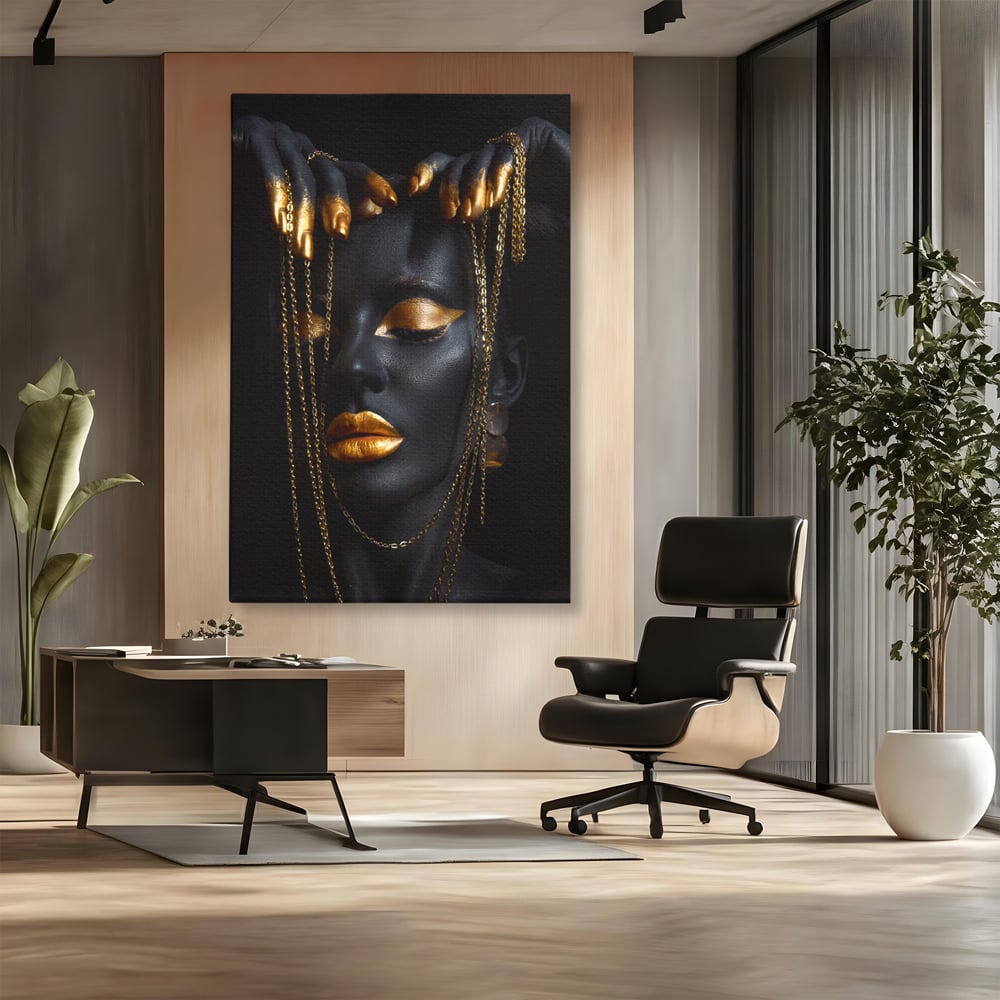 Leinwandbilder Premium LuxCanva® C1100, Mädchen in schwarzer und goldener Farbe, Mädchen, Schönheit, golden, Wohnzimmer, Schlafzimmer, entspannend, lebendige Farben