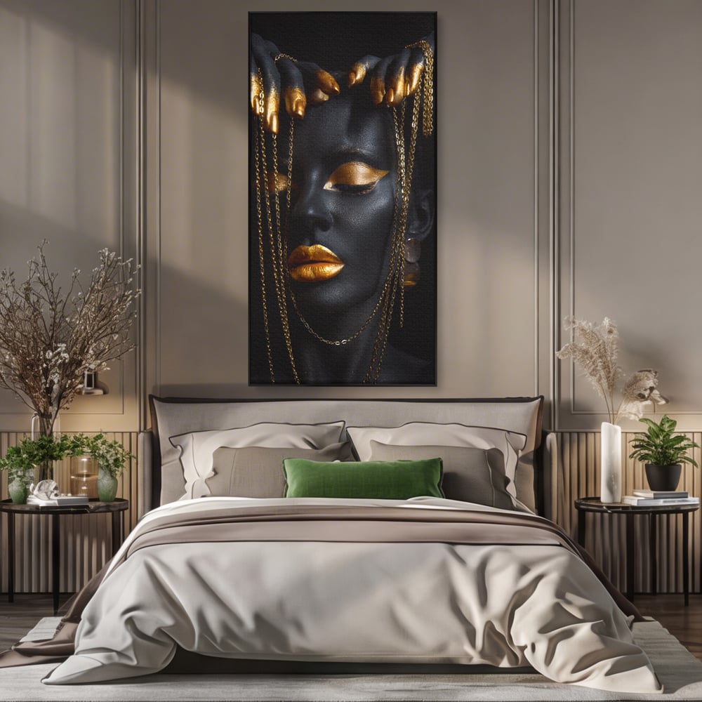 Leinwandbilder Premium LuxCanva® C1100, Mädchen in schwarzer und goldener Farbe, Mädchen, Schönheit, golden, Wohnzimmer, Schlafzimmer, entspannend, lebendige Farben