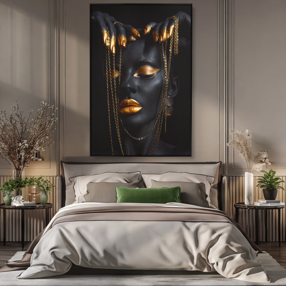 Leinwandbilder Premium LuxCanva® C1100, Mädchen in schwarzer und goldener Farbe, Mädchen, Schönheit, golden, Wohnzimmer, Schlafzimmer, entspannend, lebendige Farben