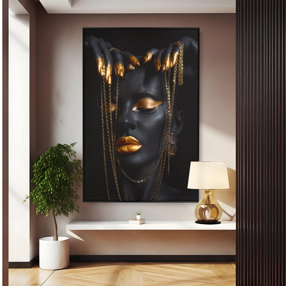 Leinwandbilder Premium LuxCanva® C1100, Mädchen in schwarzer und goldener Farbe, Mädchen, Schönheit, golden, Wohnzimmer, Schlafzimmer, entspannend, lebendige Farben