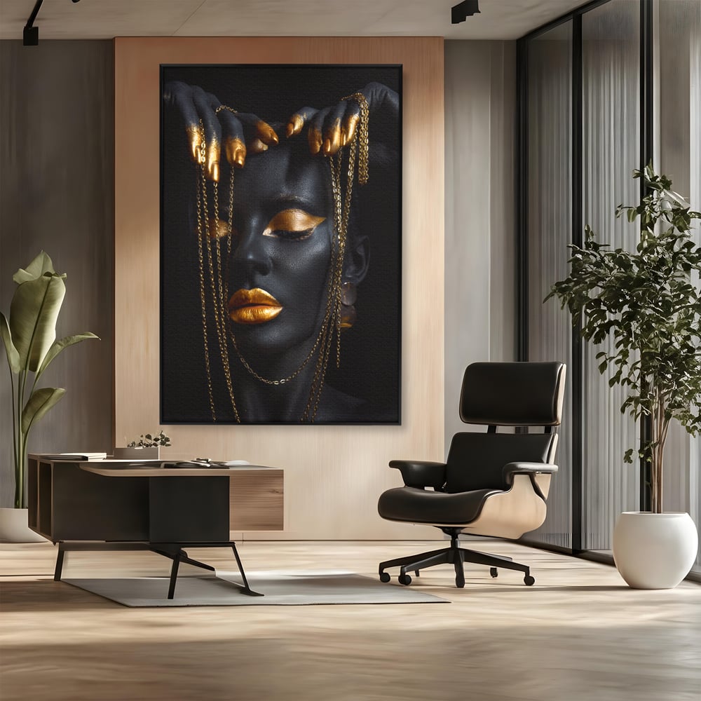 Leinwandbilder Premium LuxCanva® C1100, Mädchen in schwarzer und goldener Farbe, Mädchen, Schönheit, golden, Wohnzimmer, Schlafzimmer, entspannend, lebendige Farben