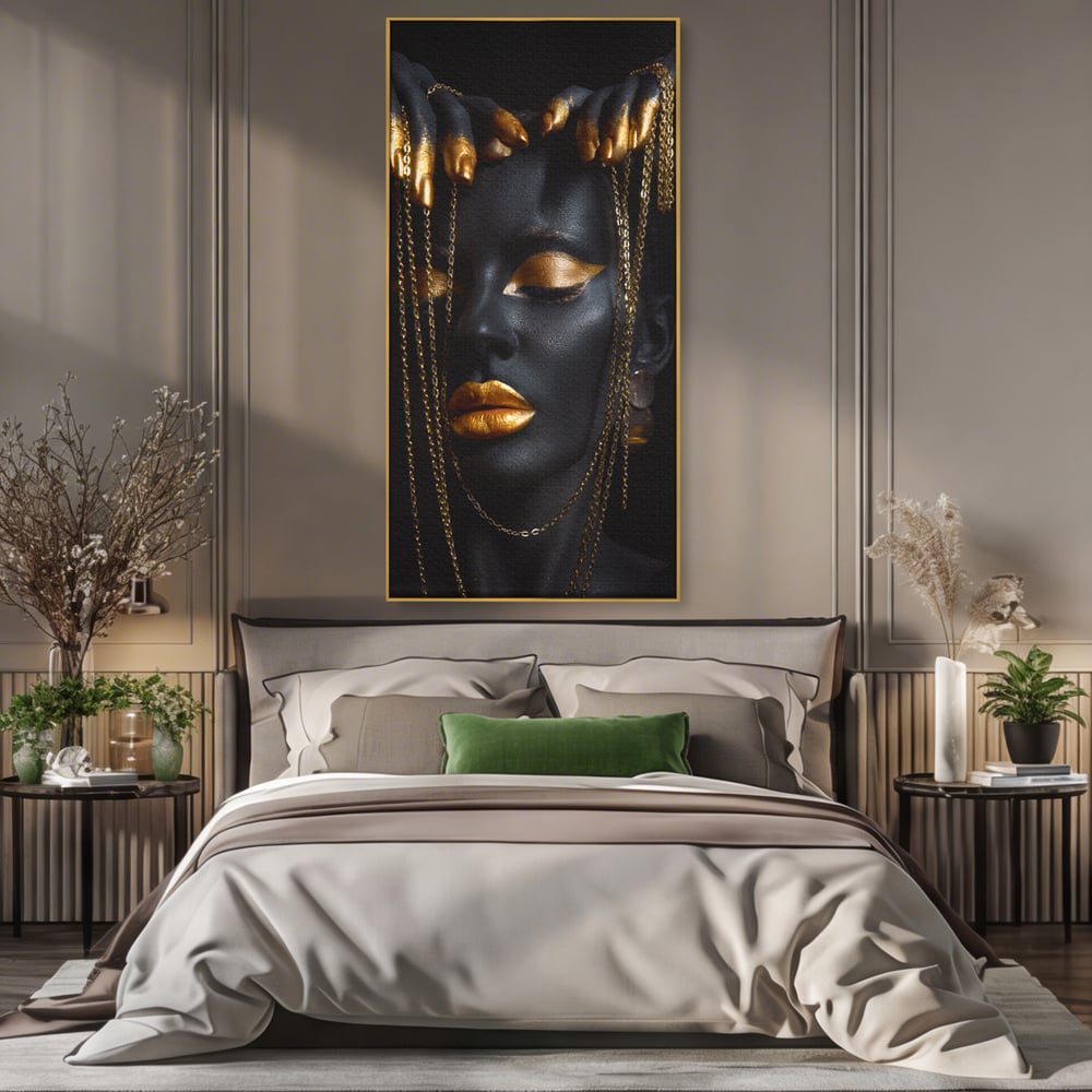 Leinwandbilder Premium LuxCanva® C1100, Mädchen in schwarzer und goldener Farbe, Mädchen, Schönheit, golden, Wohnzimmer, Schlafzimmer, entspannend, lebendige Farben