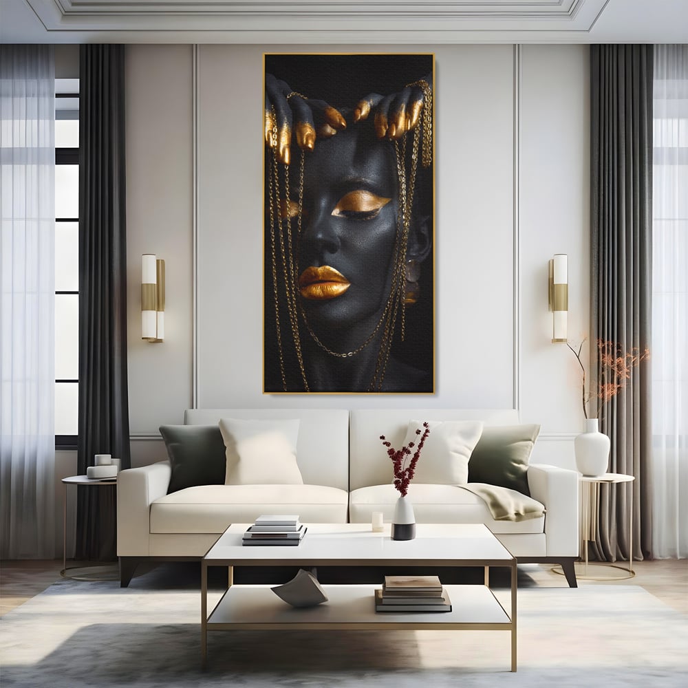 Leinwandbilder Premium LuxCanva® C1100, Mädchen in schwarzer und goldener Farbe, Mädchen, Schönheit, golden, Wohnzimmer, Schlafzimmer, entspannend, lebendige Farben