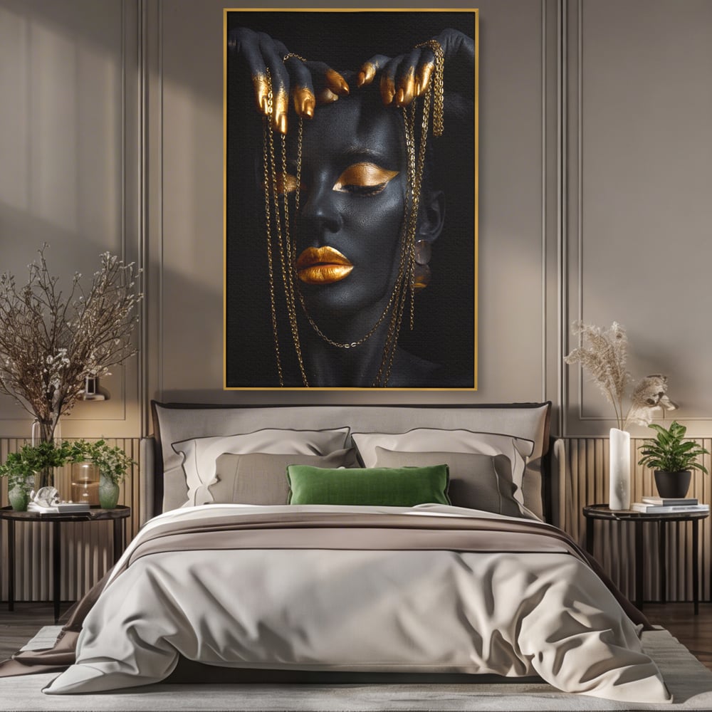 Leinwandbilder Premium LuxCanva® C1100, Mädchen in schwarzer und goldener Farbe, Mädchen, Schönheit, golden, Wohnzimmer, Schlafzimmer, entspannend, lebendige Farben