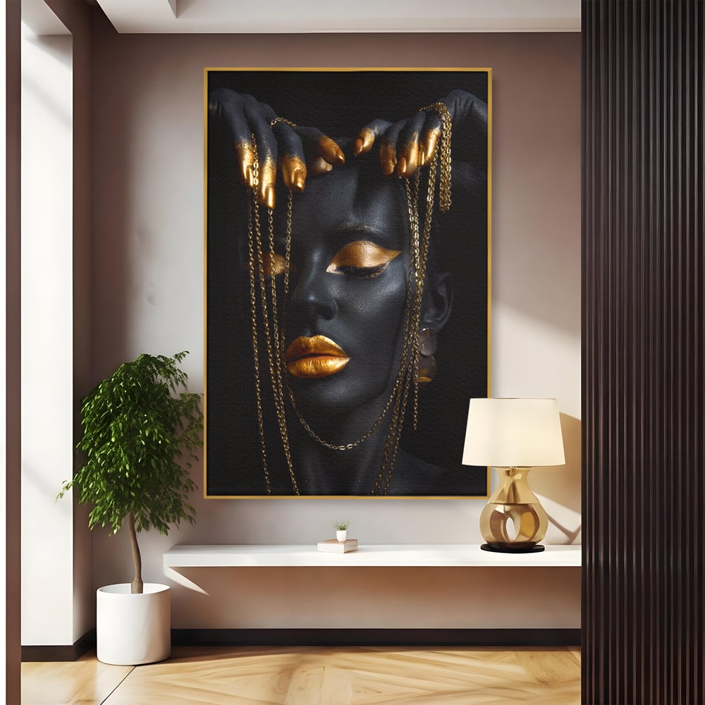 Leinwandbilder Premium LuxCanva® C1100, Mädchen in schwarzer und goldener Farbe, Mädchen, Schönheit, golden, Wohnzimmer, Schlafzimmer, entspannend, lebendige Farben