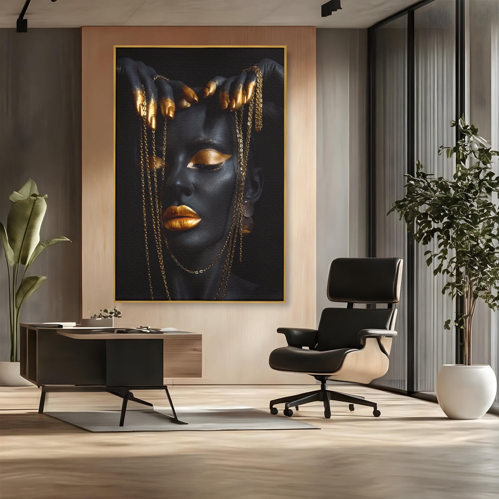 Leinwandbilder Premium LuxCanva® C1100, Mädchen in schwarzer und goldener Farbe, Mädchen, Schönheit, golden, Wohnzimmer, Schlafzimmer, entspannend, lebendige Farben