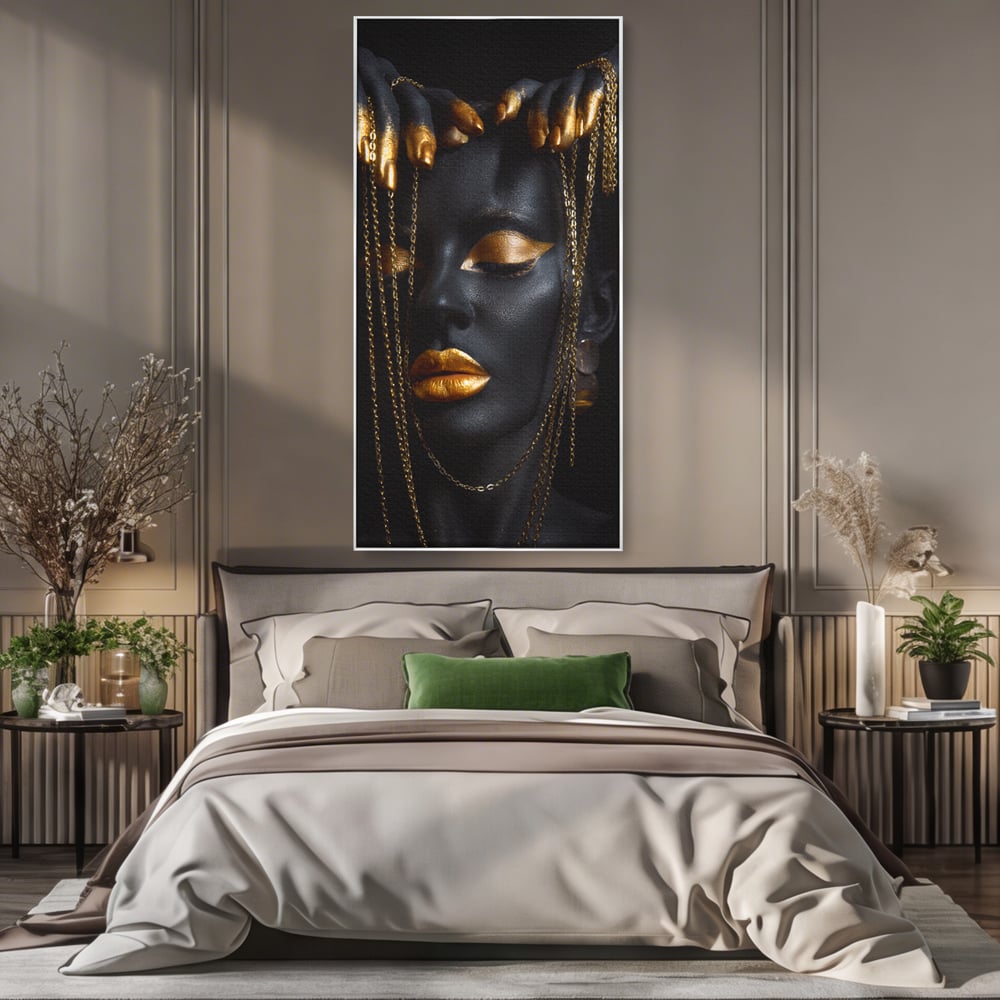 Leinwandbilder Premium LuxCanva® C1100, Mädchen in schwarzer und goldener Farbe, Mädchen, Schönheit, golden, Wohnzimmer, Schlafzimmer, entspannend, lebendige Farben