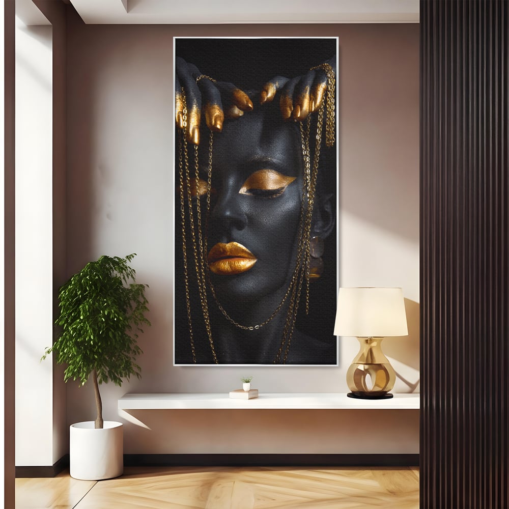 Leinwandbilder Premium LuxCanva® C1100, Mädchen in schwarzer und goldener Farbe, Mädchen, Schönheit, golden, Wohnzimmer, Schlafzimmer, entspannend, lebendige Farben