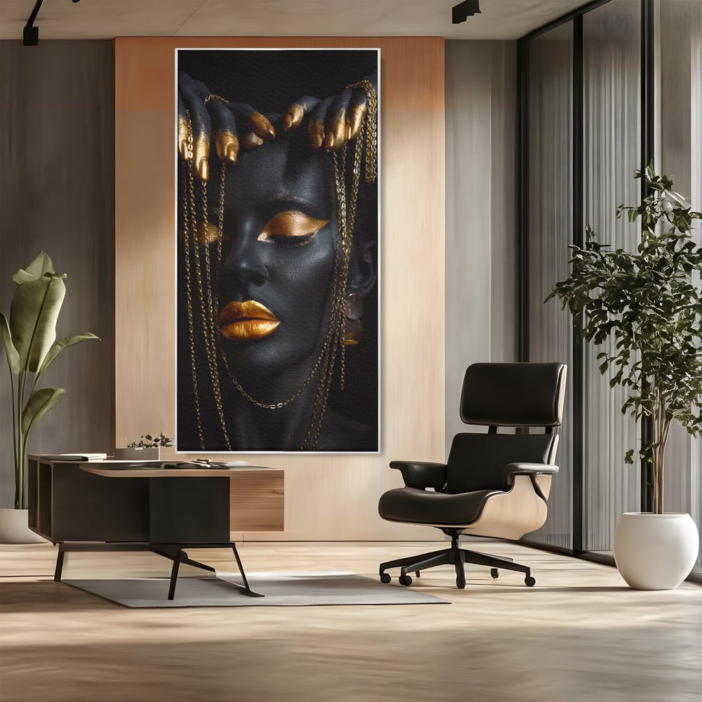 Leinwandbilder Premium LuxCanva® C1100, Mädchen in schwarzer und goldener Farbe, Mädchen, Schönheit, golden, Wohnzimmer, Schlafzimmer, entspannend, lebendige Farben