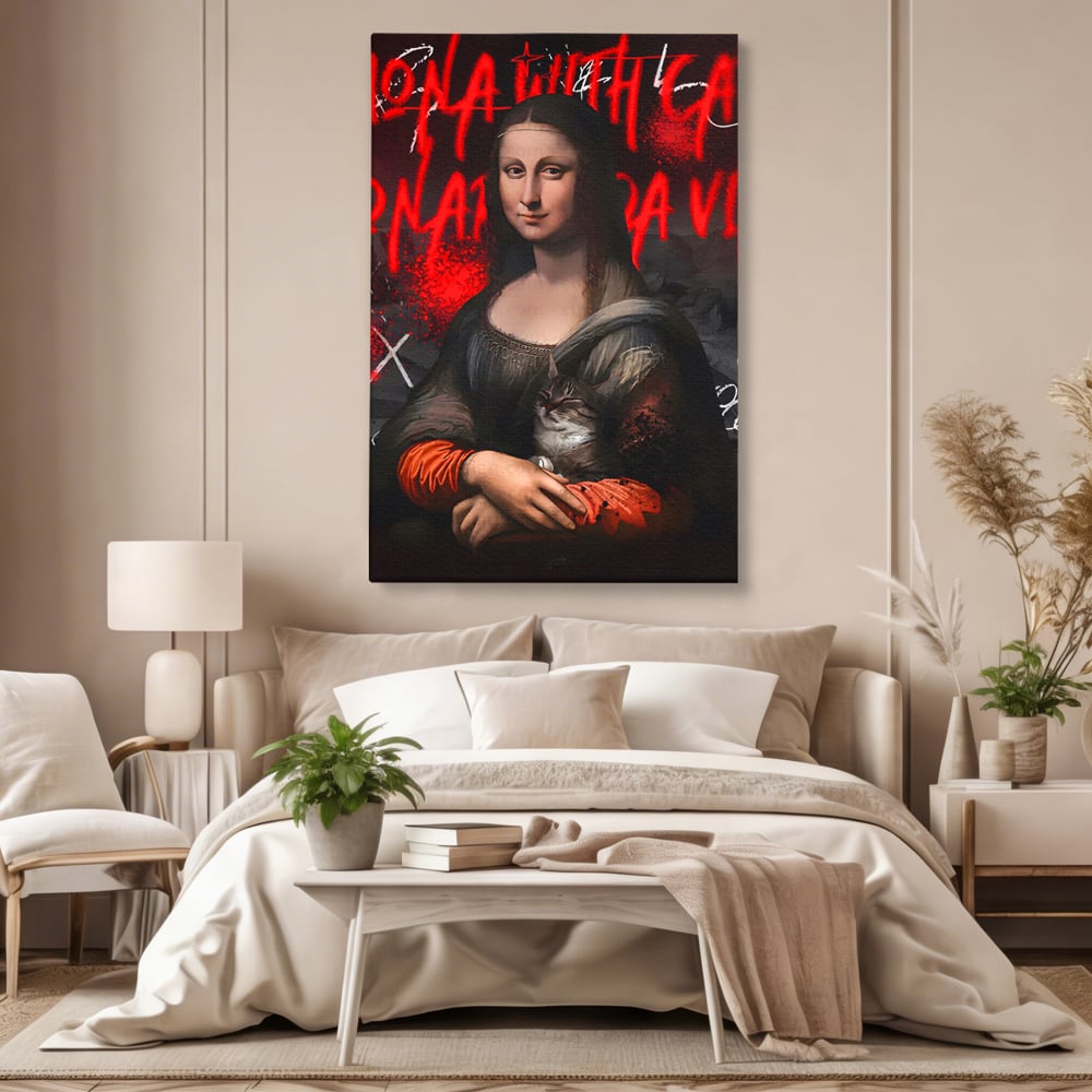 Tablou Canvas Premium LuxCanva® C1109, Lisa With Cat , Culori, Da Vinci, Mona Lisa, Living Room, Painting, Office, Relaxare, Culori Vibrante