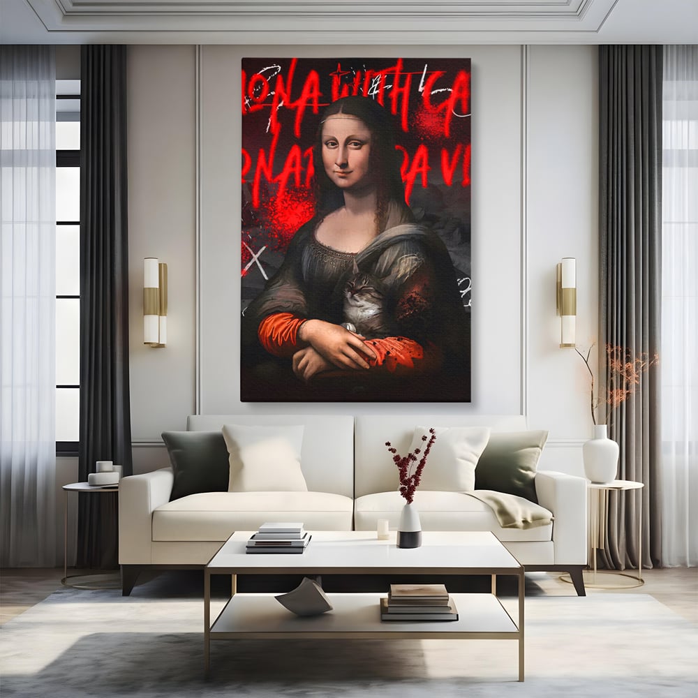 Tablou Canvas Premium LuxCanva® C1109, Lisa With Cat , Culori, Da Vinci, Mona Lisa, Living Room, Painting, Office, Relaxare, Culori Vibrante