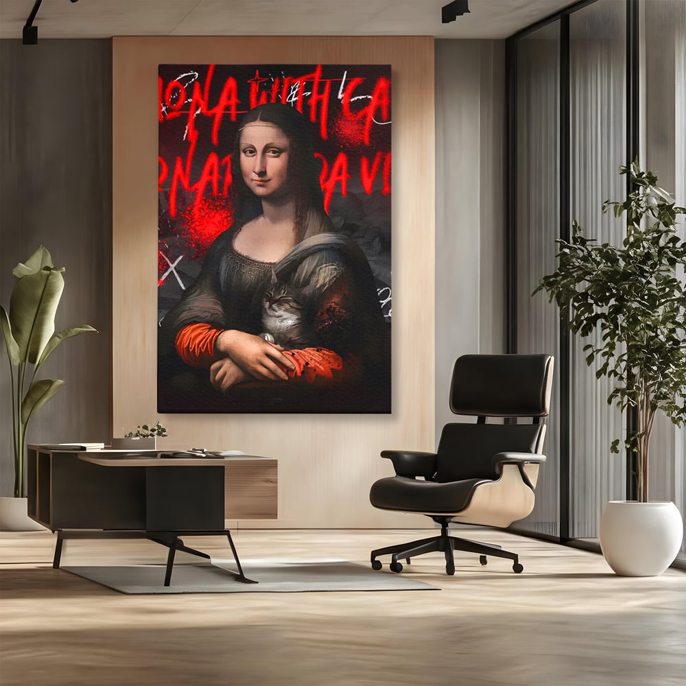 Tablou Canvas Premium LuxCanva® C1109, Lisa With Cat , Culori, Da Vinci, Mona Lisa, Living Room, Painting, Office, Relaxare, Culori Vibrante