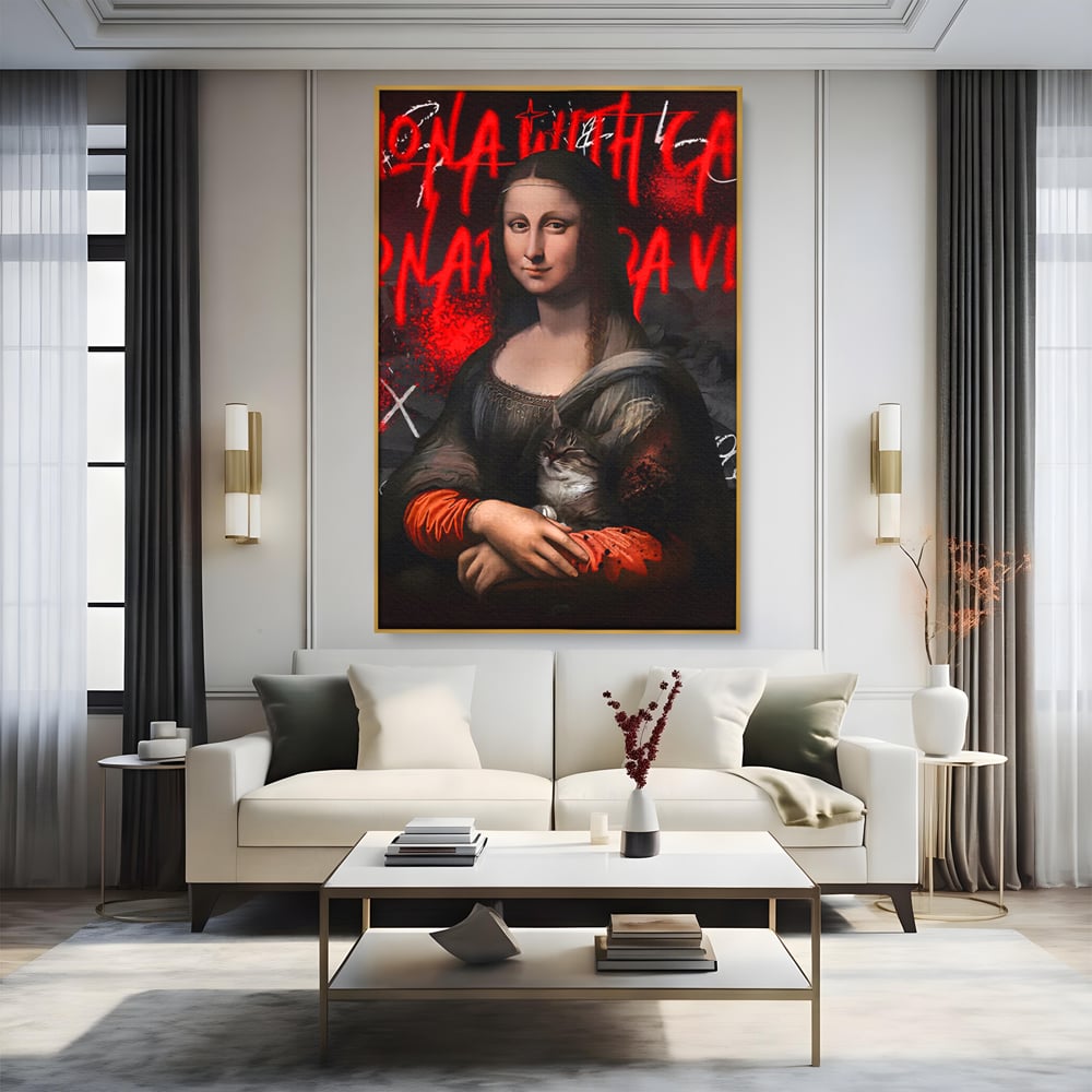Tablou Canvas Premium LuxCanva® C1109, Lisa With Cat , Culori, Da Vinci, Mona Lisa, Living Room, Painting, Office, Relaxare, Culori Vibrante