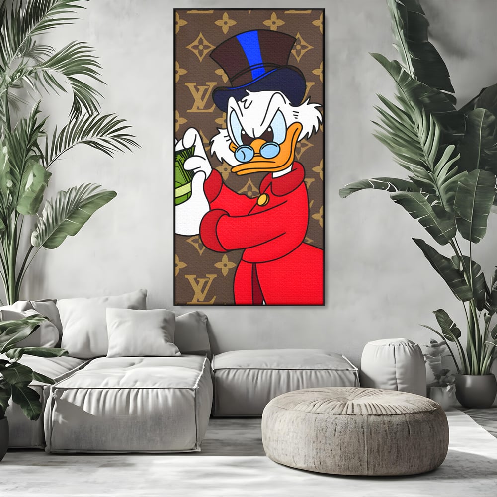 Tablou Canvas Premium, LuxCanva® C1113, Old Donald Counting Money, Culori, Donald, Cartoon, Money, Living Room, Office, Relaxare, Culori Vibrante
