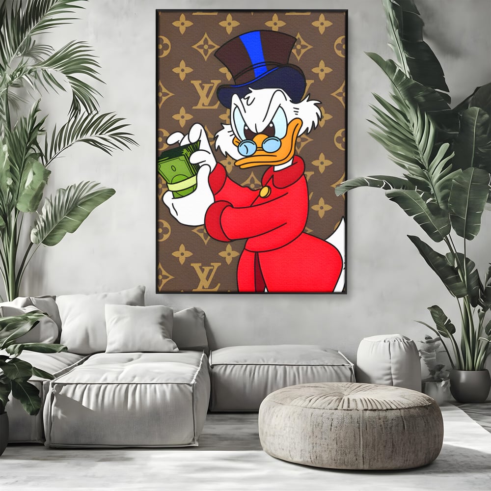 Tablou Canvas Premium, LuxCanva® C1113, Old Donald Counting Money, Culori, Donald, Cartoon, Money, Living Room, Office, Relaxare, Culori Vibrante